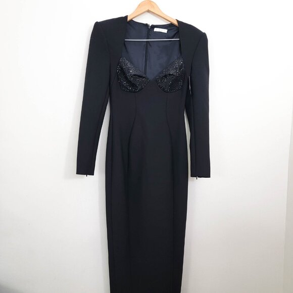 AREA Crystal-Embellished Stretch-Twill Midi Dress in Black 8 NWT - Picture 4 of 12
